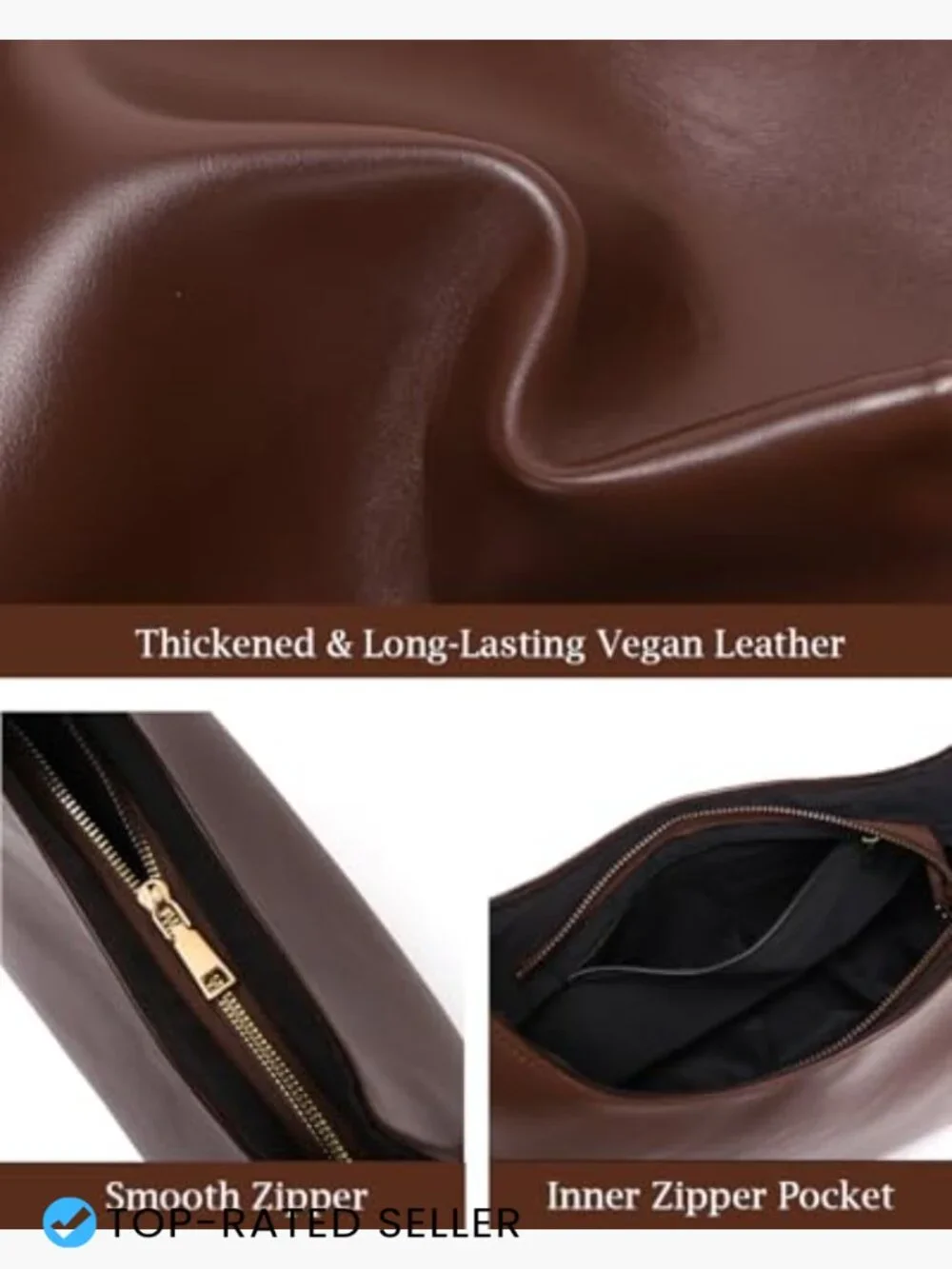 Slouchy Hobo Bag Vegan Leather Women's Shoulder Tote Purse Chocolate Brown Work